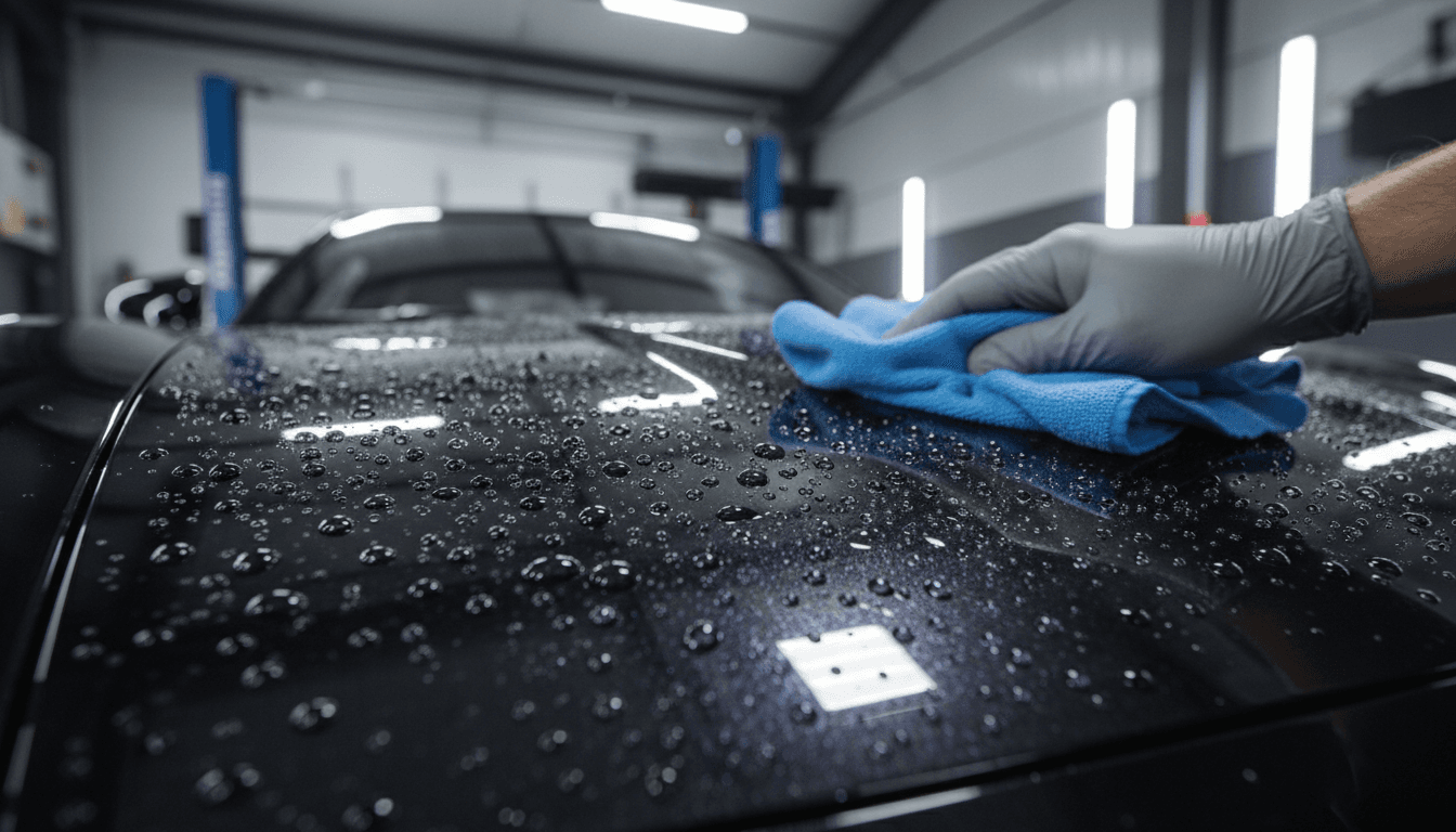 Freshly detailed car hood with water beading and professional shine