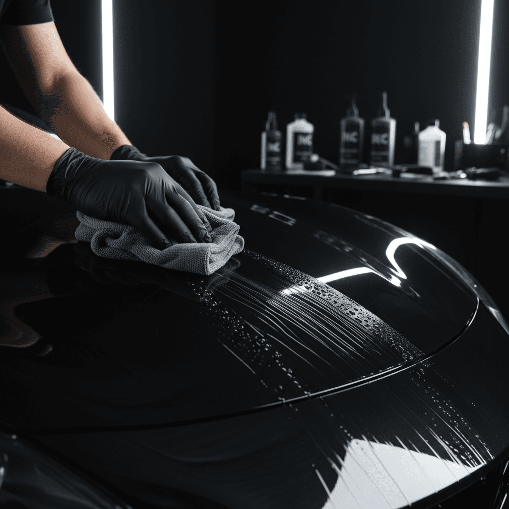 Professional car detailer buffing vehicle paint in modern detailing bay