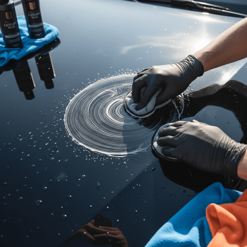 Close-up of professional car detailing with microfiber cloth on shiny hood
