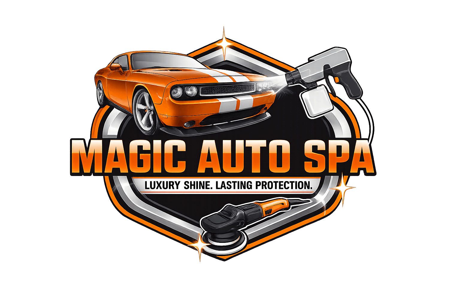 Magic Auto Spa logo featuring an orange muscle car, spray gun, and car buffer tool.